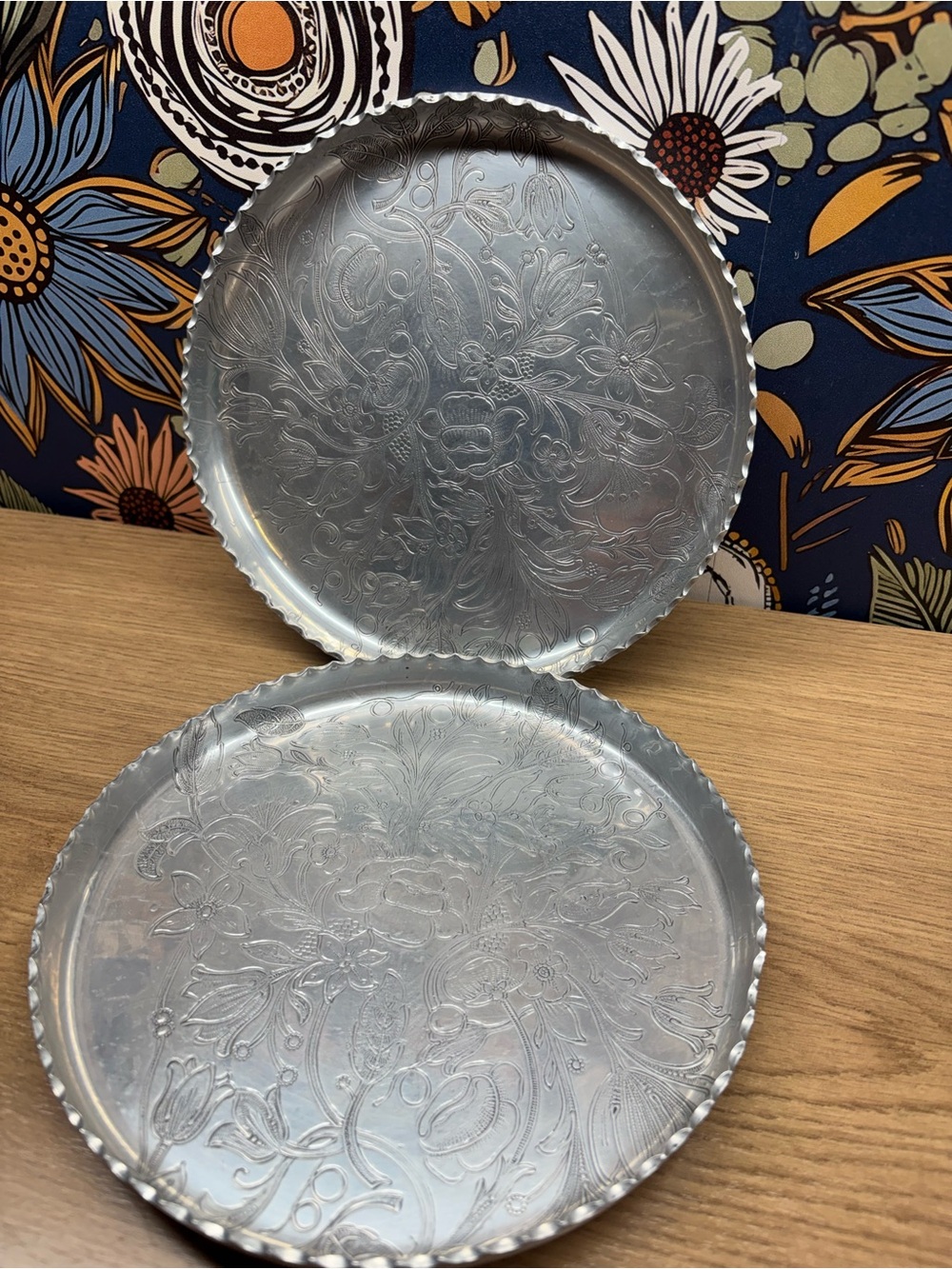 Vintage Lot Of 2 MCM Hammered Floral Aluminum Plate Trays By Admiration Products